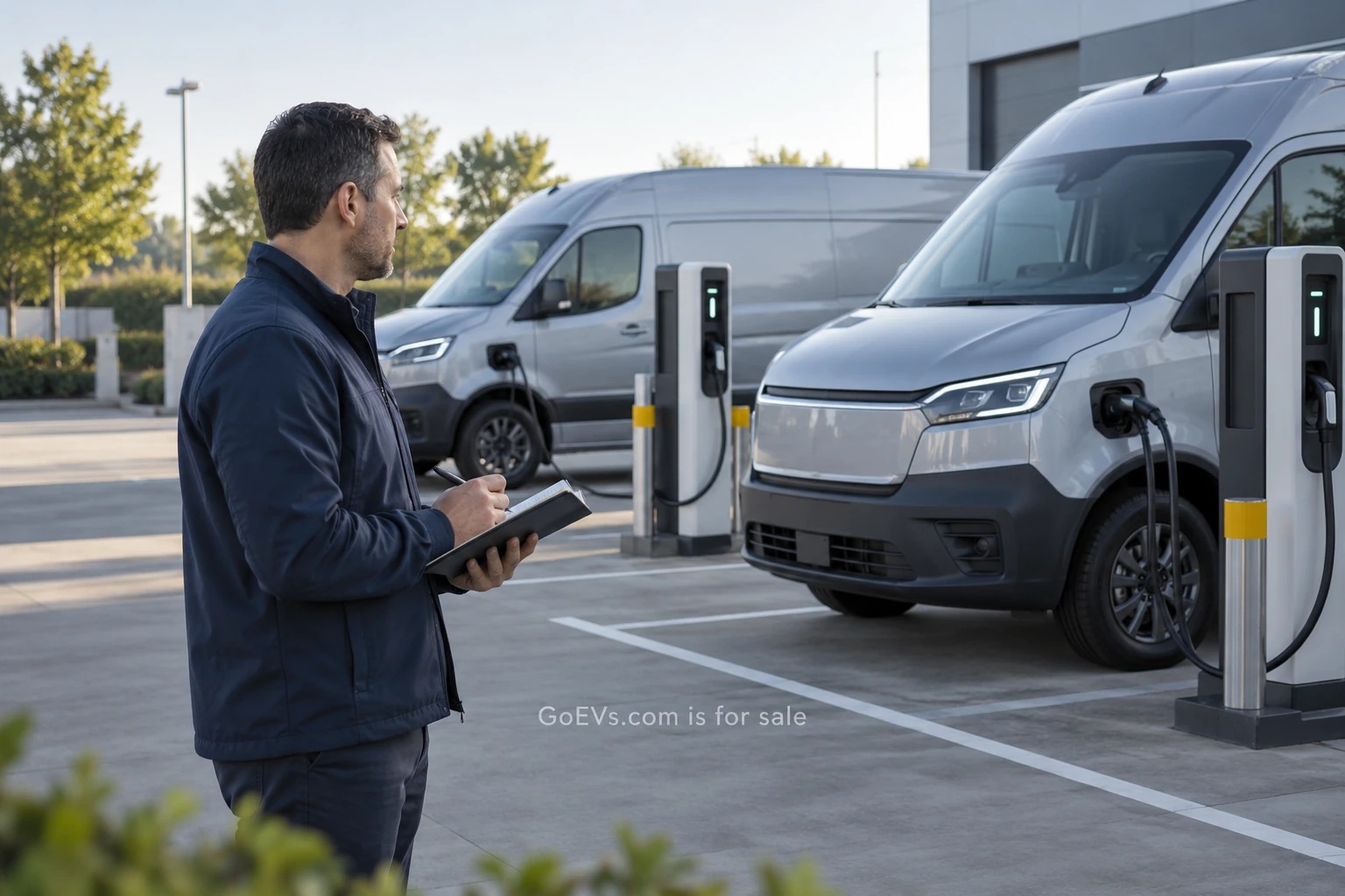 A fleet operator reviewing pilot records with an electric service van